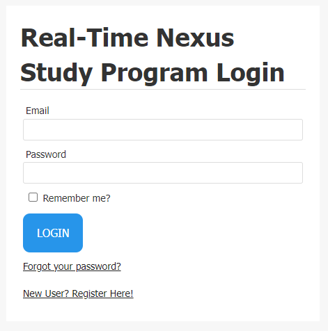 Login page for Real-Time Nexus Study Program with email, password fields, 