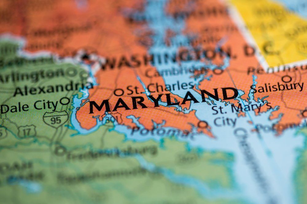 Map of Maryland and surrounding areas, including Washington D.C., and cities like Salisbury and Alexandria.