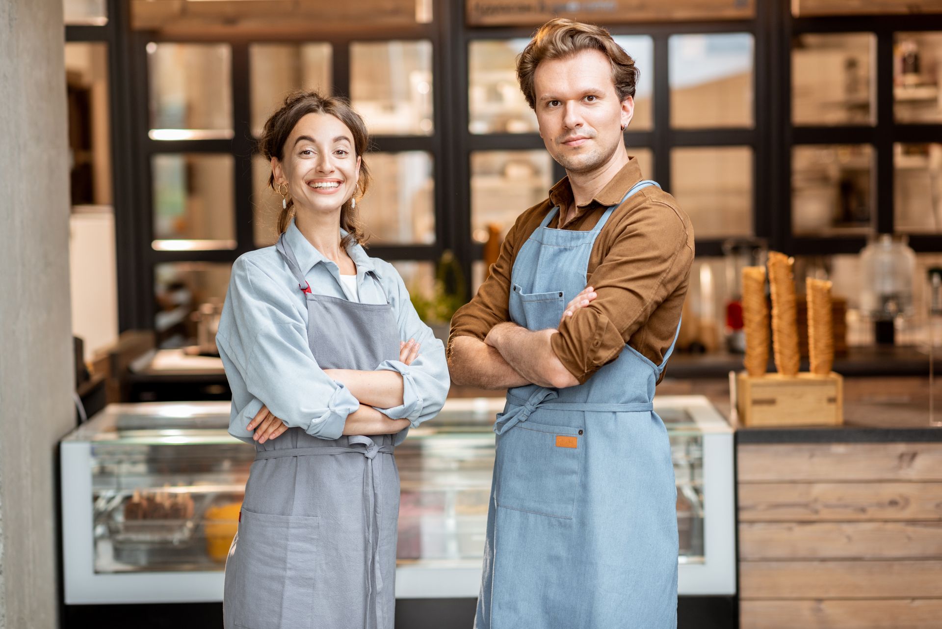 Man and woman in aprons, arms crossed, smiling in a cafe.