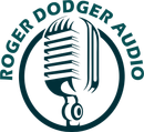 Roger Dodger Audio logo with teal circular text and a vintage microphone icon