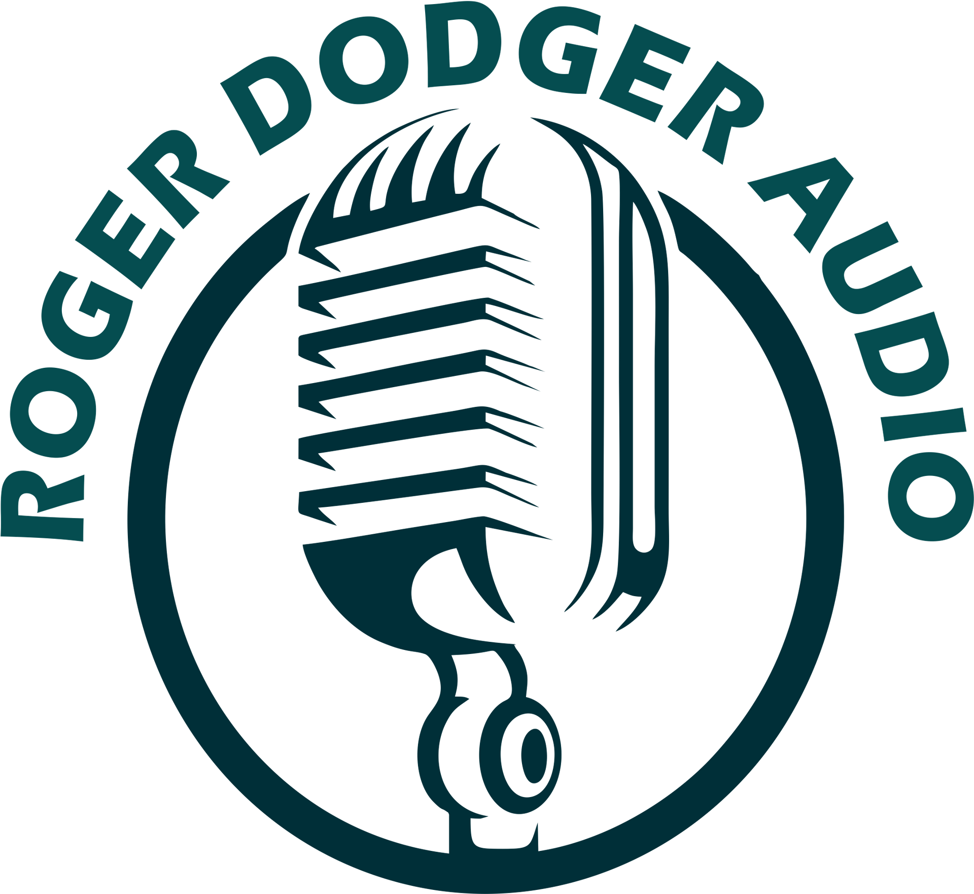 Roger Dodger Audio logo with teal circular text and a vintage microphone icon
