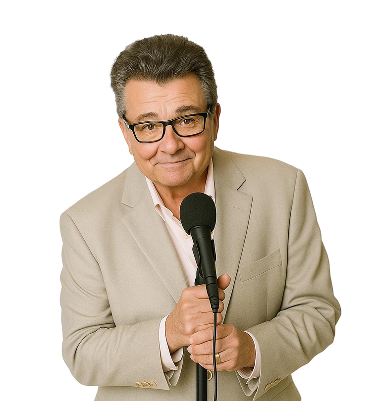 Man in beige suit speaking into a microphone against a white background