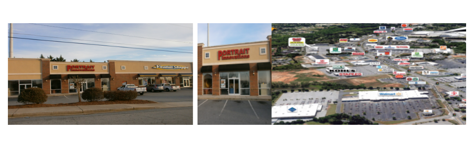 OfficeMax storefront and aerial view of a crowded shopping center parking lot