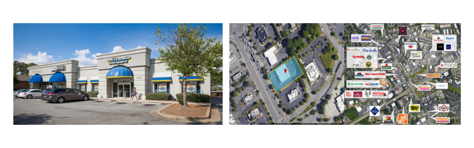 Strip mall storefront and adjacent aerial site map under a blue sky