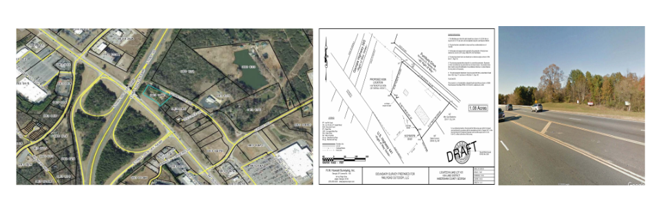 Road design plans and aerial map beside a roadway with trees and a sidewalk