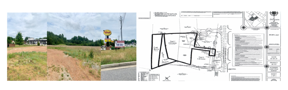 Outdoor lot with signpost and a site plan diagram on the right