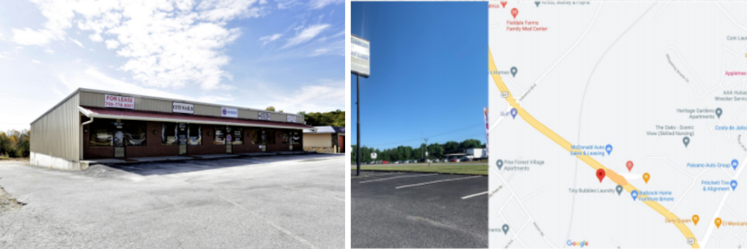Wide-angle view of a small commercial building, parking lot, and a map showing its location and nearby roads