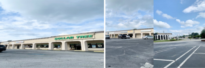 Shopping plaza with a Dollar Tree store and mostly empty parking lot under a partly cloudy sky