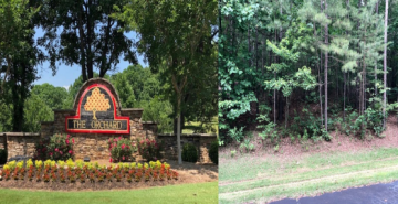 Stone park entrance sign with flowers, beside a wooded roadside area