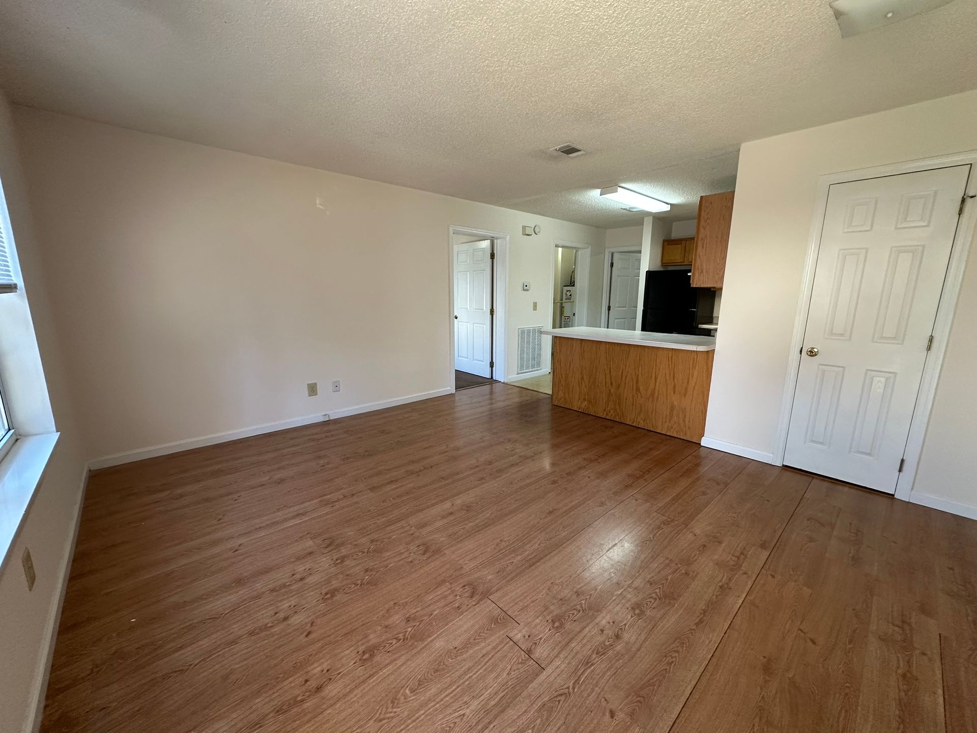 Empty apartment living room with wood floors, white walls, and a small kitchen area in the back