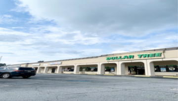 Strip mall storefront with a green “DOLLAR TREE” sign and parked cars under a cloudy sky