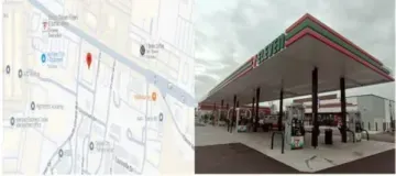 Map and street view of a green-roofed gas station with red trim and fuel pumps under the canopy