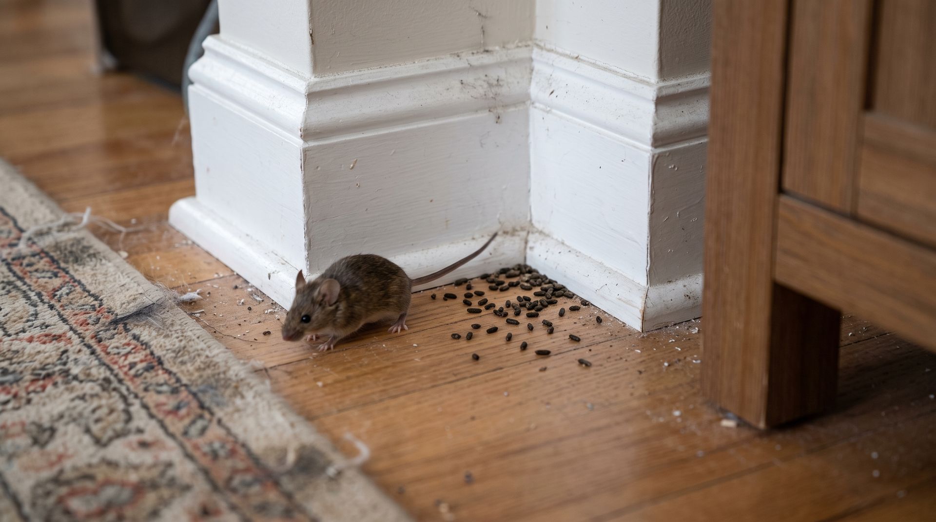 Mouse beside scattered droppings on a hardwood floor near a white baseboard and rug