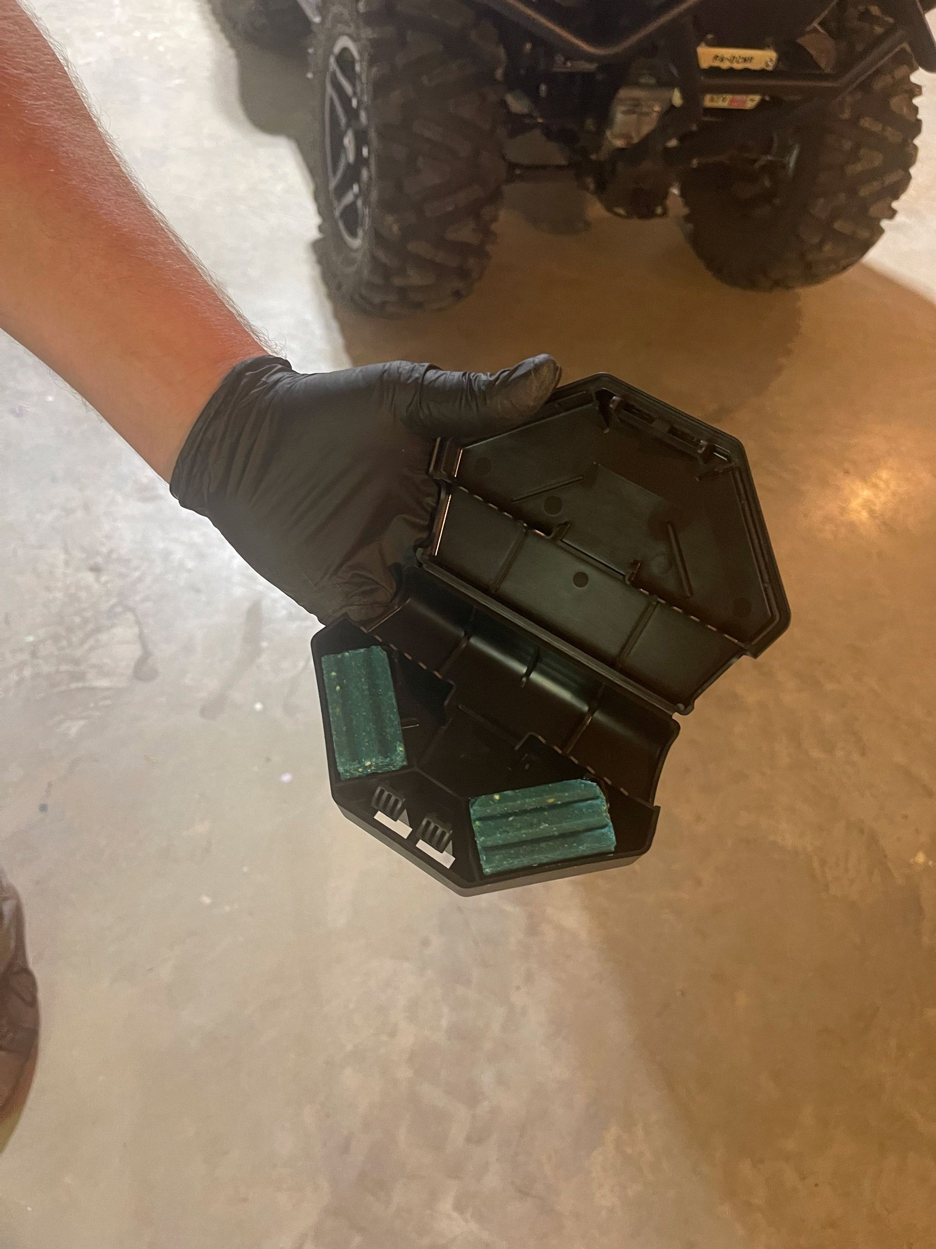 A person wearing black gloves is holding a mouse trap in their hand.