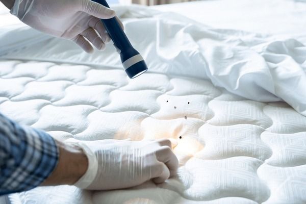 A person is cleaning a mattress with a vacuum cleaner.