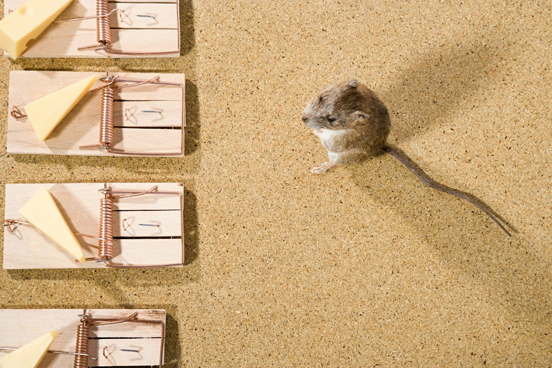 Mouse facing four baited mousetraps.