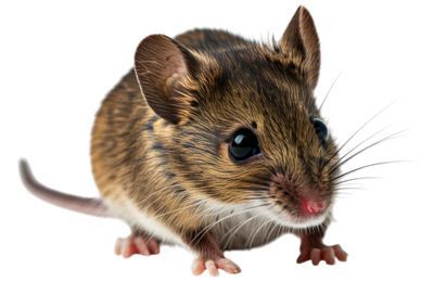 A mouse with a long tail on a white background.