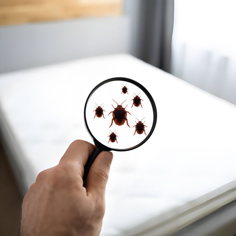 A person is holding a magnifying glass over a bed with bugs on it.