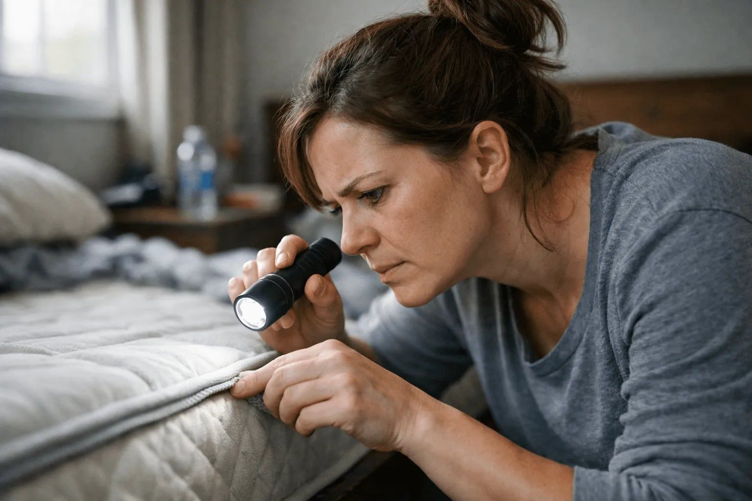 Traveler checking luggage and mattress seams for bed bugs after a trip.