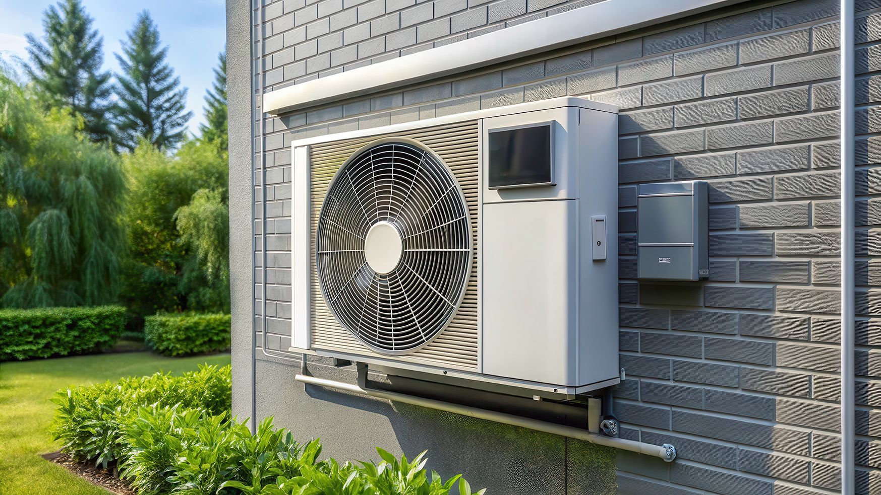 Une pompe à chaleur air-air blanche, fixée sur un mur de briques grises, à côté d'un jardin verdoyant et de grands arbres.