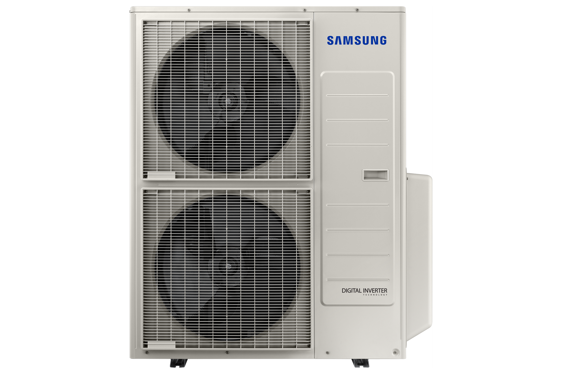 Unité de condensation extérieure de climatisation Samsung gris clair avec un grand ventilateur noir derrière une grille de protection métallique.