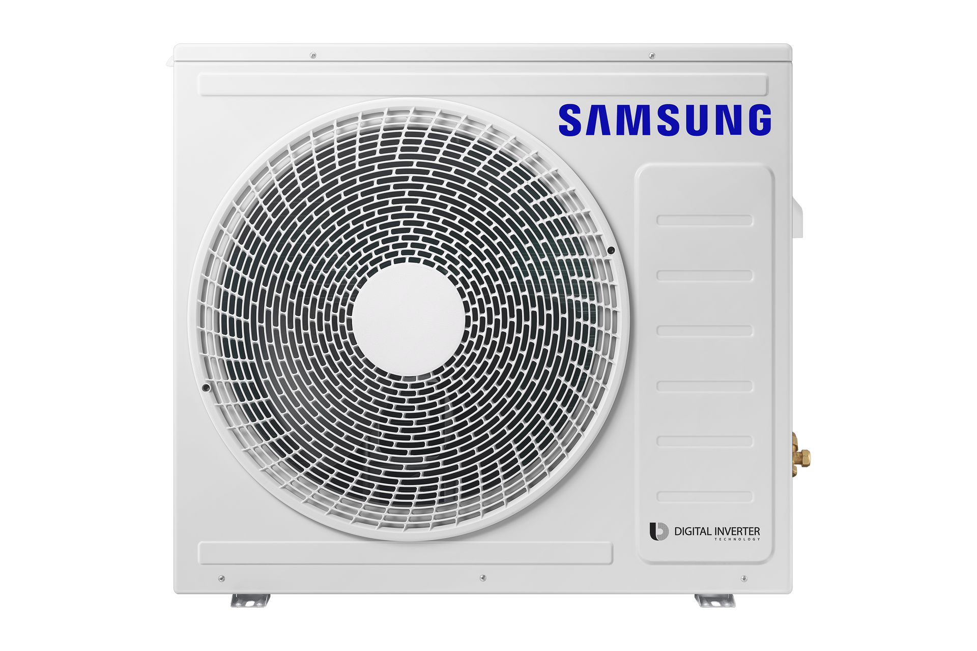 Unité de compresseur de climatiseur extérieur Samsung blanche avec grille de ventilation avant circulaire.