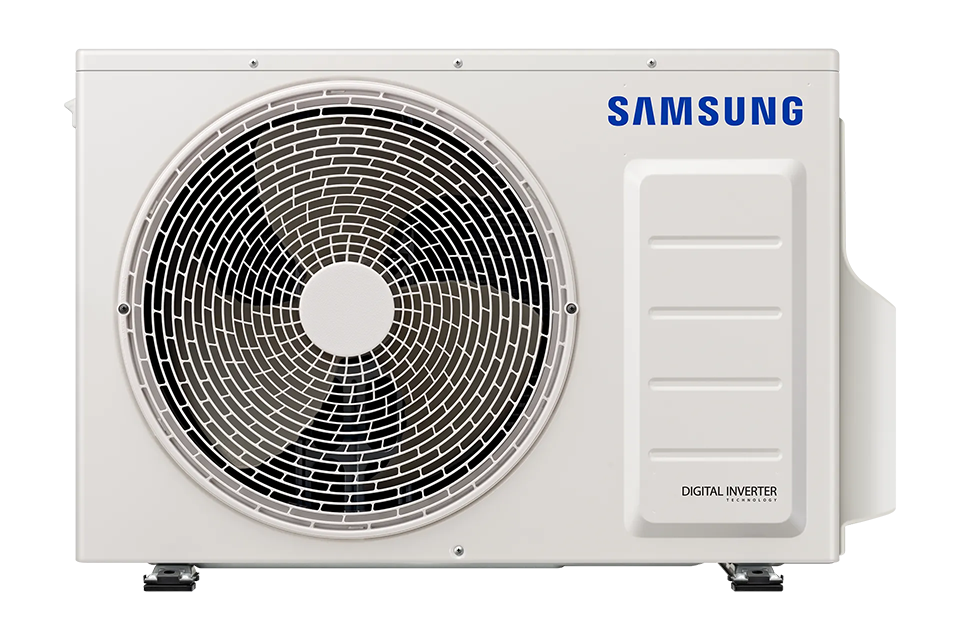 Unité de compresseur de climatiseur extérieur Samsung blanche avec grille de ventilation avant circulaire.