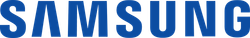 Le logo bleu de Samsung sur fond blanc.