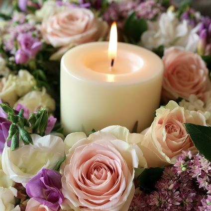 Memorial candle surrounded by soft roses for cremation services in Bedford Park, IL.