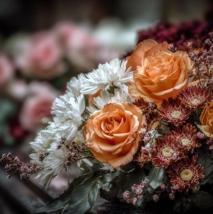 Orange roses and white flowers representing cremation services in Chicago, IL.