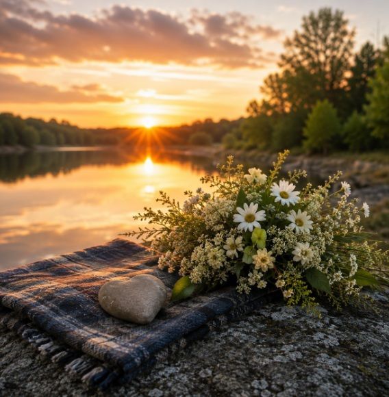 Memorial flowers and remembrance stone beside a lake at sunset in Chicago, IL.