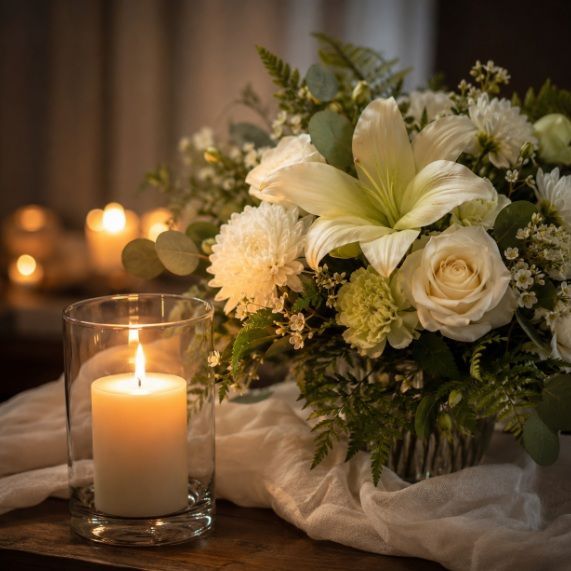 Memorial candle and white flowers honoring a life in Bedford Park, IL.