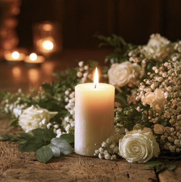 Memorial candle surrounded by white flowers for services in Bedford Park, IL.