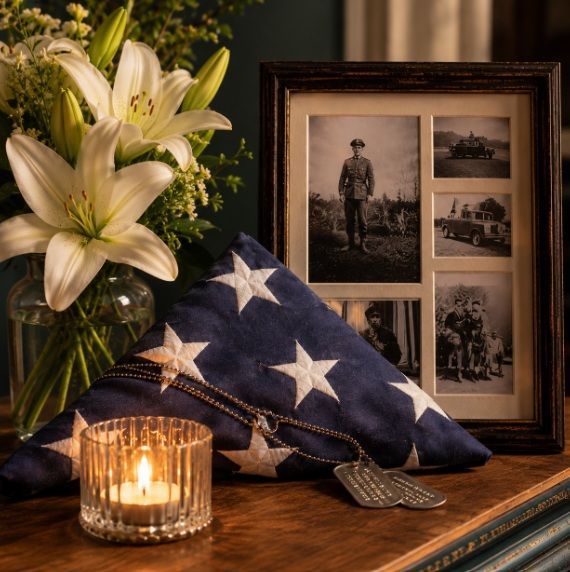 Veteran memorial display with folded flag, military photos, and flowers in Chicago, IL.