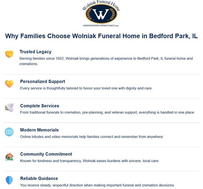 Why families choose Wolniak Funeral Home in Bedford Park, IL infographic