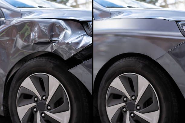 Side-by-side close-up of a car fender before and after repair, showing dented and smooth gray panels.