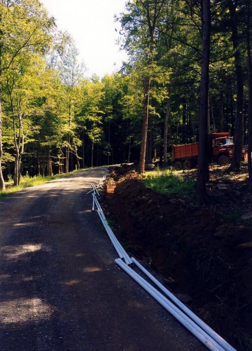 Dirt road through a forest with white pipes laid along the side, an orange truck in the background.
