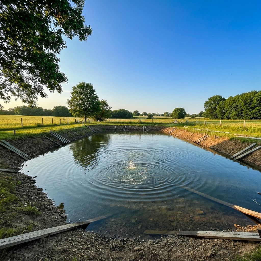 A pond in a field with a fountain, surrounded by grassy banks, under a blue sky.