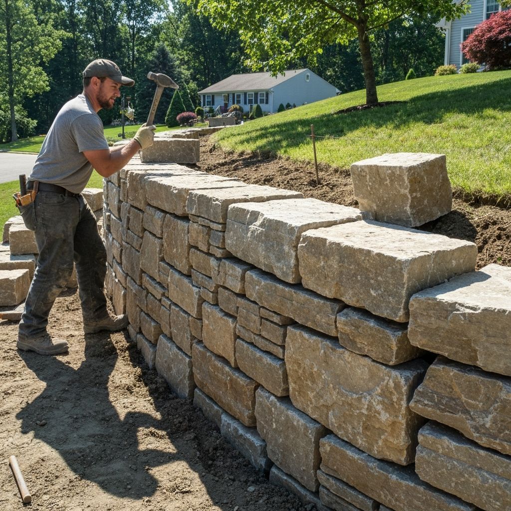 Man building a stone retaining wall outdoors, using a hammer to place the stones.