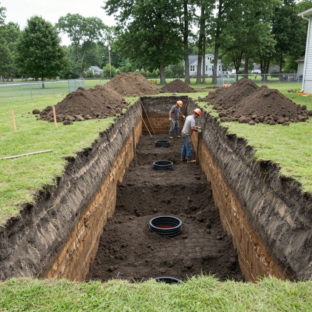 Workers in a long trench installing pipes; dirt piles surround, grassy area with trees and houses.