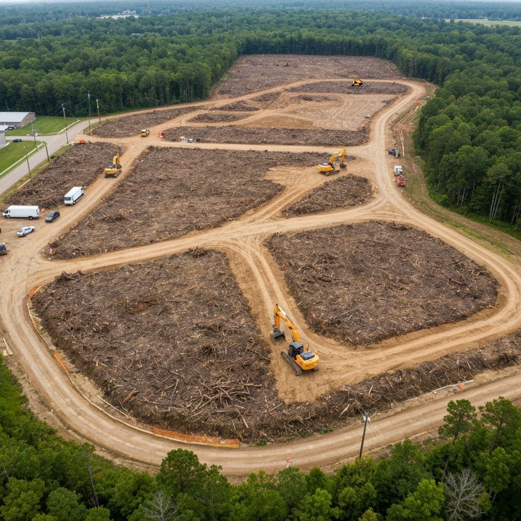 Aerial view of a cleared forest area with construction equipment and dirt roads.