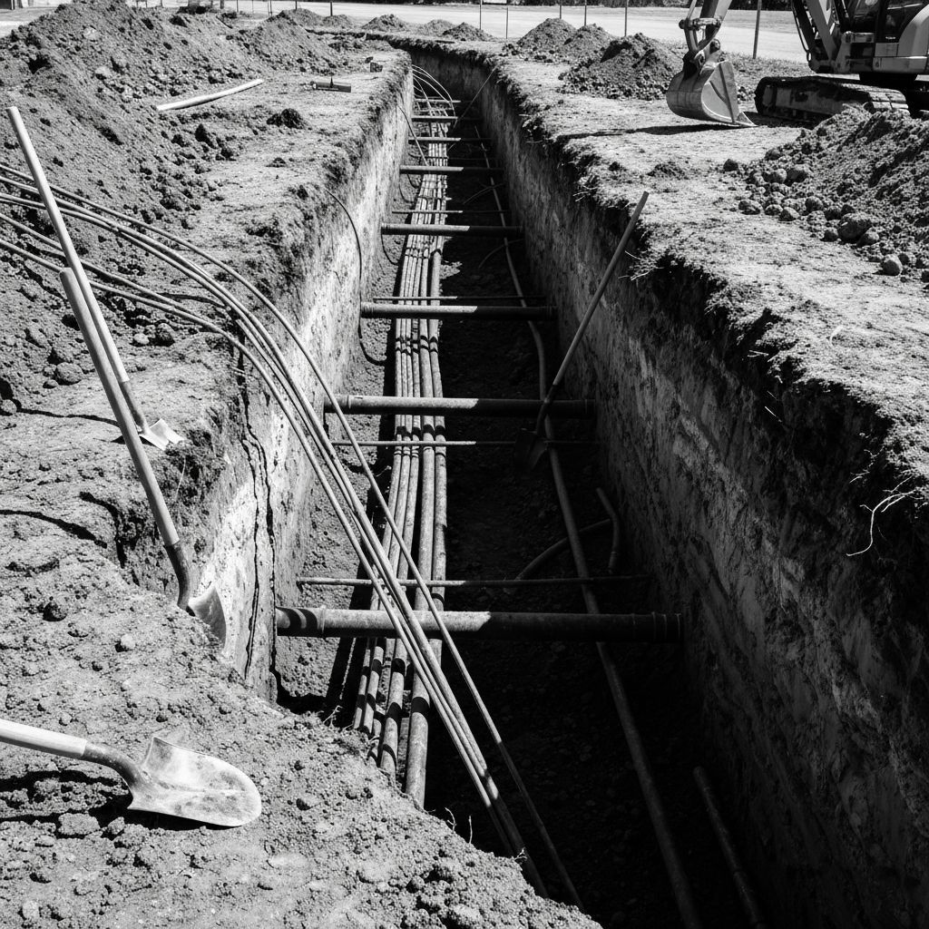 Trench with pipes and support structures for underground utilities at a construction site.