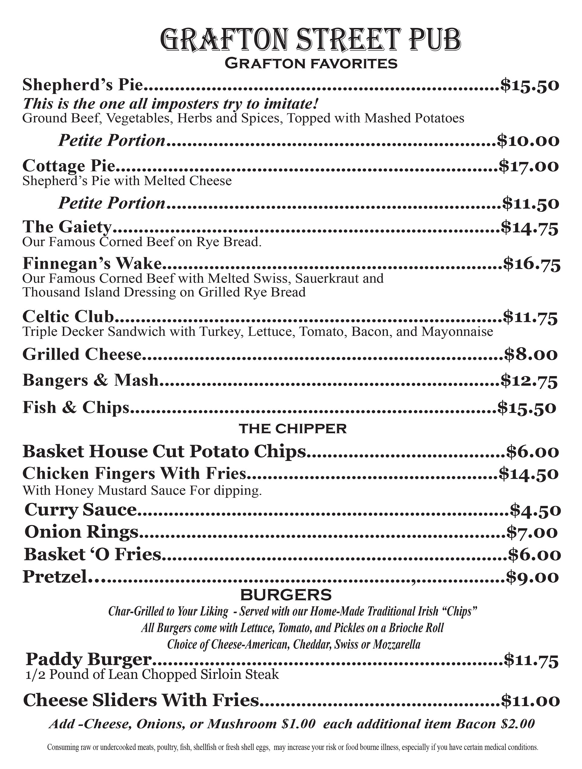 Grafton Street Pub Hauppauge, NY Menu