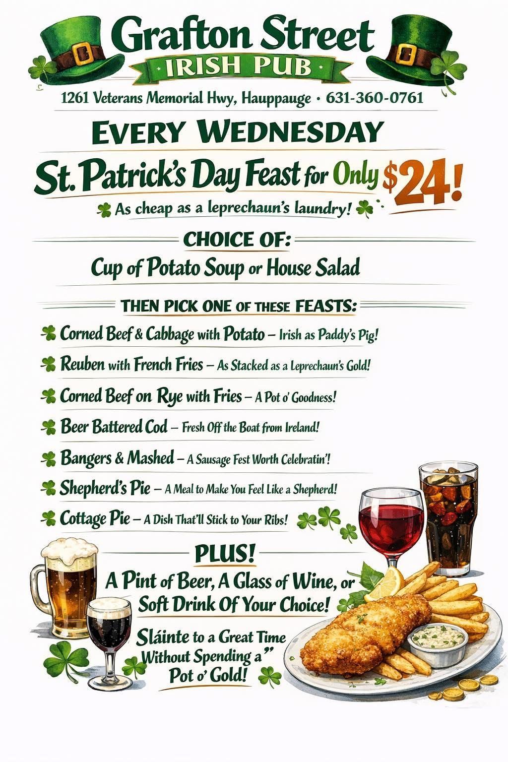 Grafton Street Irish Pub Wednesday special advertisement for a $24 St. Patrick’s Day feast, including meal options and drink.