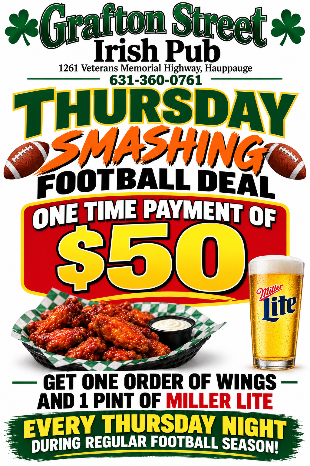 Grafton Street Irish Pub Thursday football deal: $50 one-time payment, wings and Miller Lite special