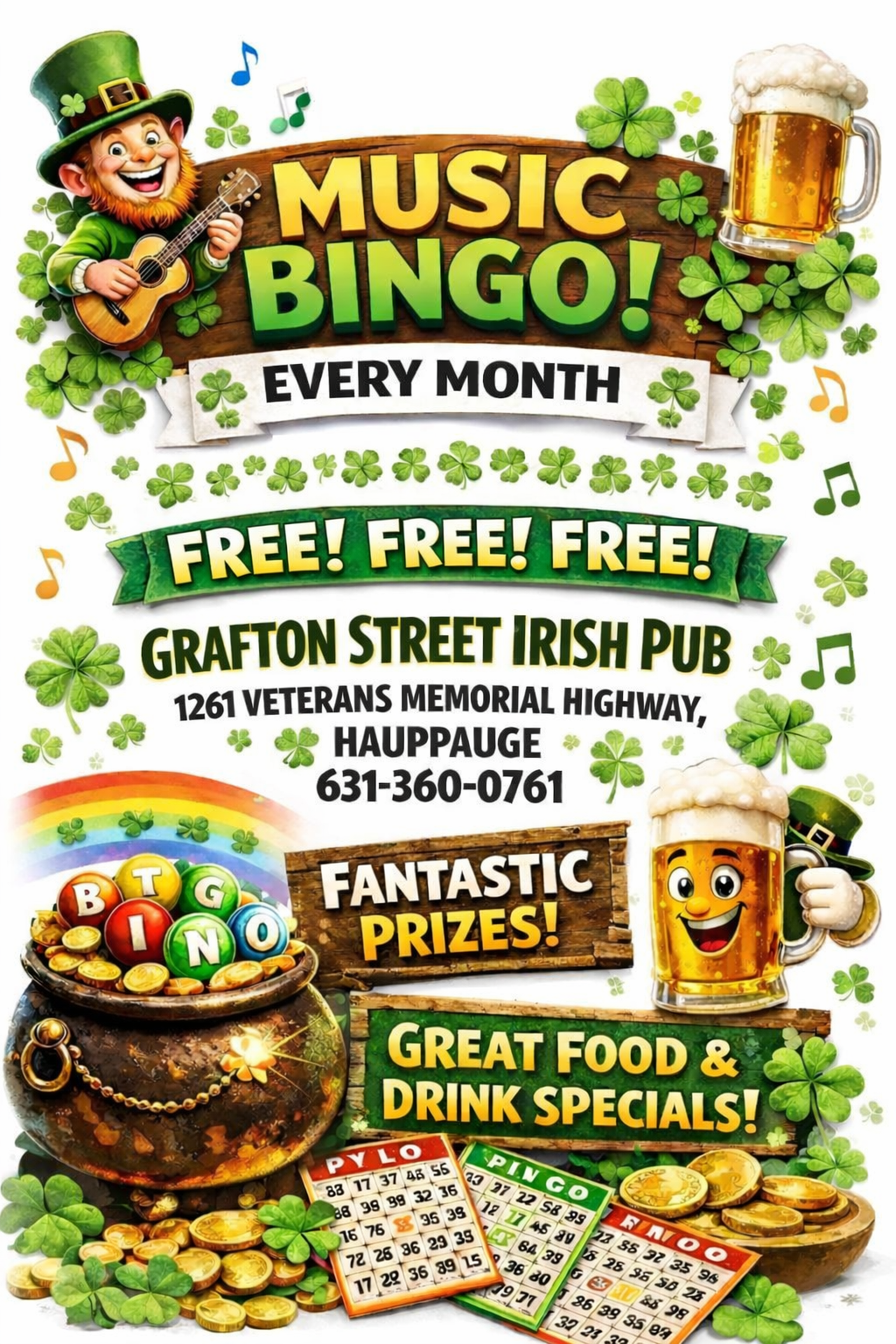 St. Patrick's-themed flyer for Music Bingo at Grafton Street Irish Pub, Hauppauge. Features beer, shamrocks, and prizes.