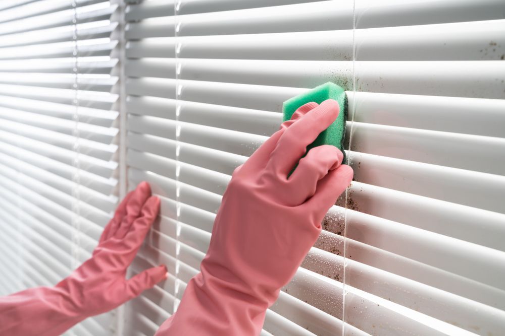 Hands in Pink Gloves Cleaning White Window Blinds with A Green Sponge — A Plus Project Maintenance in Wodonga, VIC
