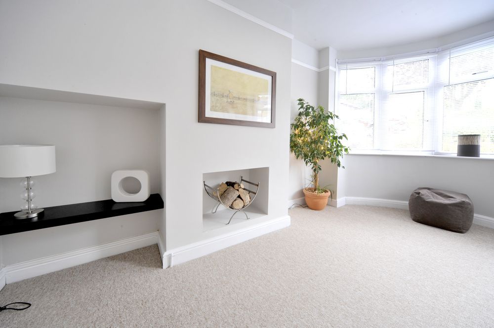 Bright modern living room with bay window, fireplace, potted plant, and beige carpet — A Plus Project Maintenance in Wodonga, VIC