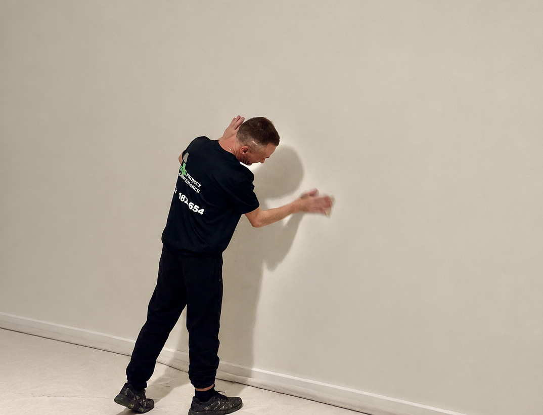 Person in a black outfit pressing hands against a large blank white wall in an empty room — A Plus Project Maintenance in Wodonga, VIC