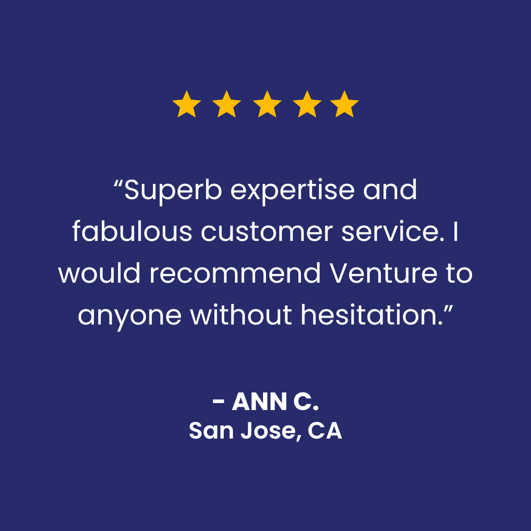 Review with five gold stars. A quote by Ann C. from San Jose, CA, recommends Venture.